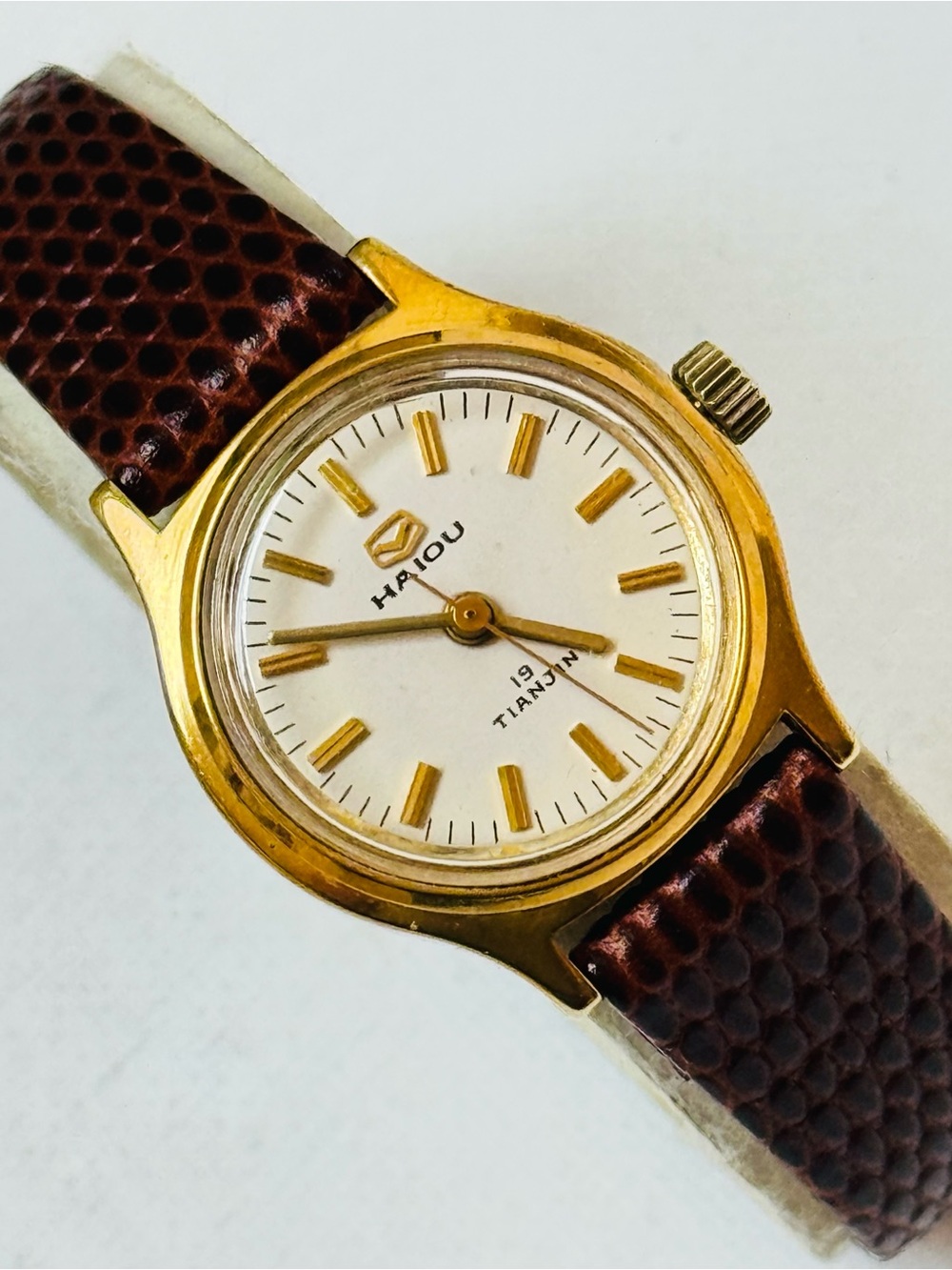 Vintage Seagull Haiou Hand Wind Women's Mechanical Watch Gold Brown Leather
